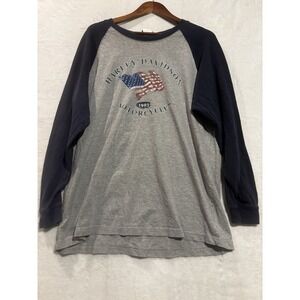 Vintage Harley Davidson XL Gray Navy Raglan Long Sleeve Shirt Made In USA Flag